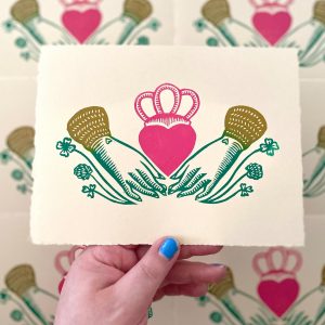 Claddagh Linocut Print Heart in Hands | Irish Love, Loyalty, Friendship | Handmade Relief Print for Good Luck