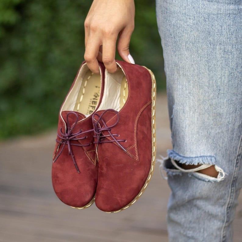 Claret Red Nubuck Leather Barefoot Shoes Women – Grounding & Earthing Comfort