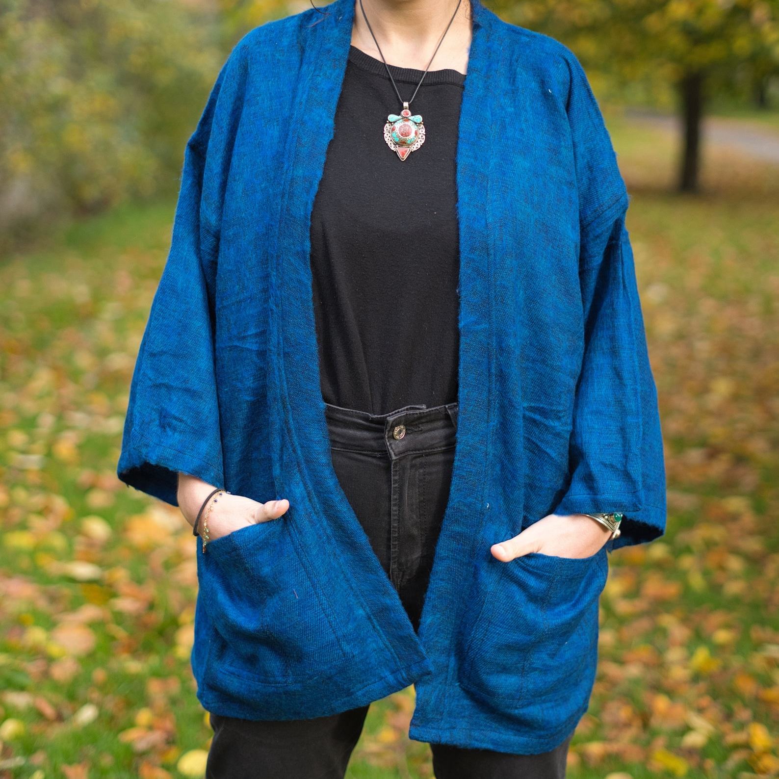 COBALT BLUE Yak Wool Kimono Embrace Warmth and Style in a Unisex Hippie Boho Robe from Nepal