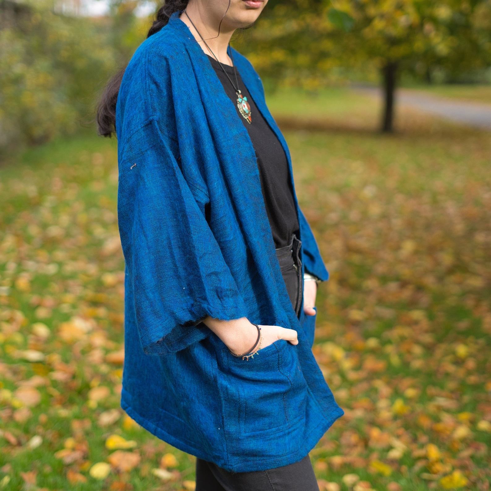 COBALT BLUE Yak Wool Kimono Embrace Warmth and Style in a Unisex Hippie Boho Robe from Nepal
