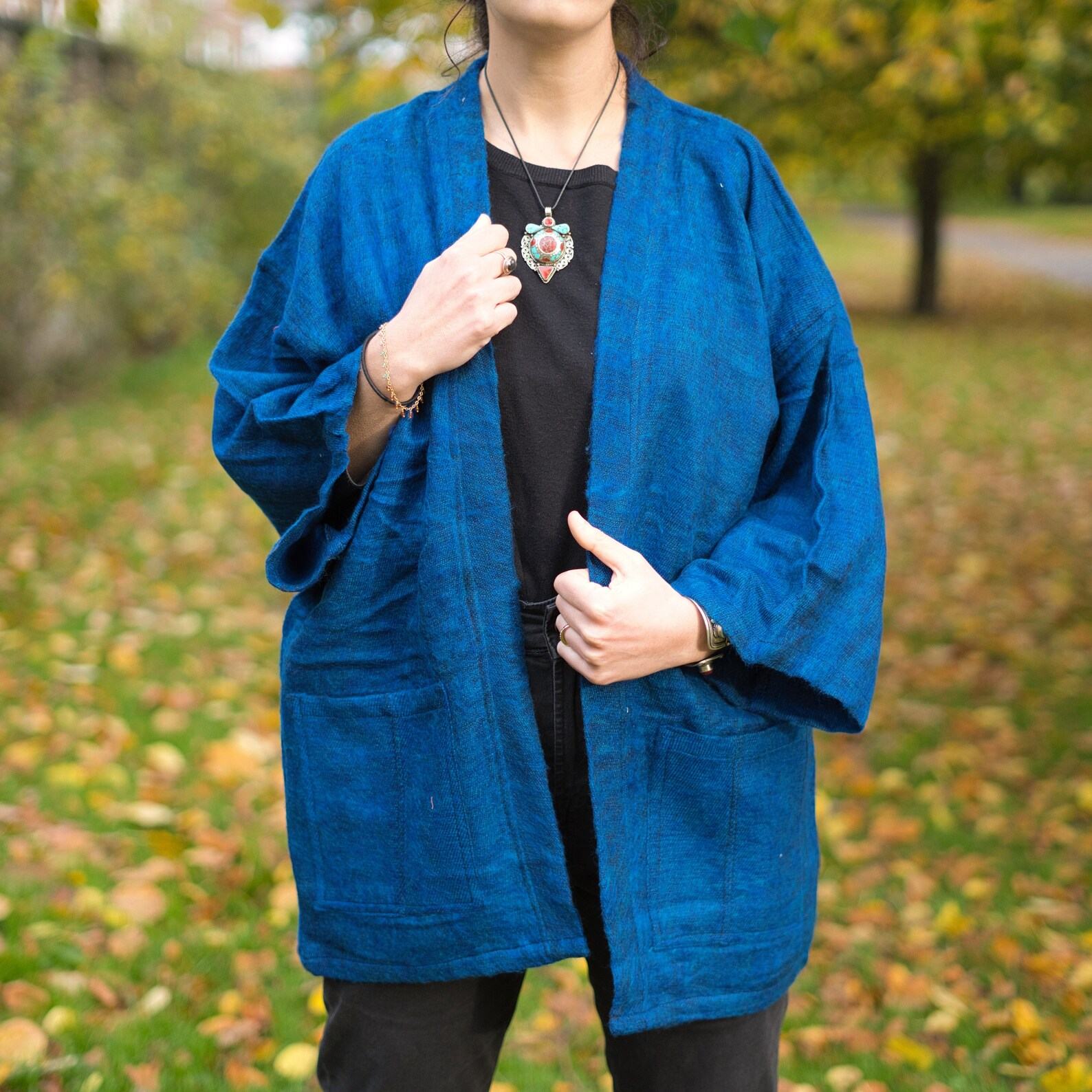 COBALT BLUE Yak Wool Kimono Embrace Warmth and Style in a Unisex Hippie Boho Robe from Nepal