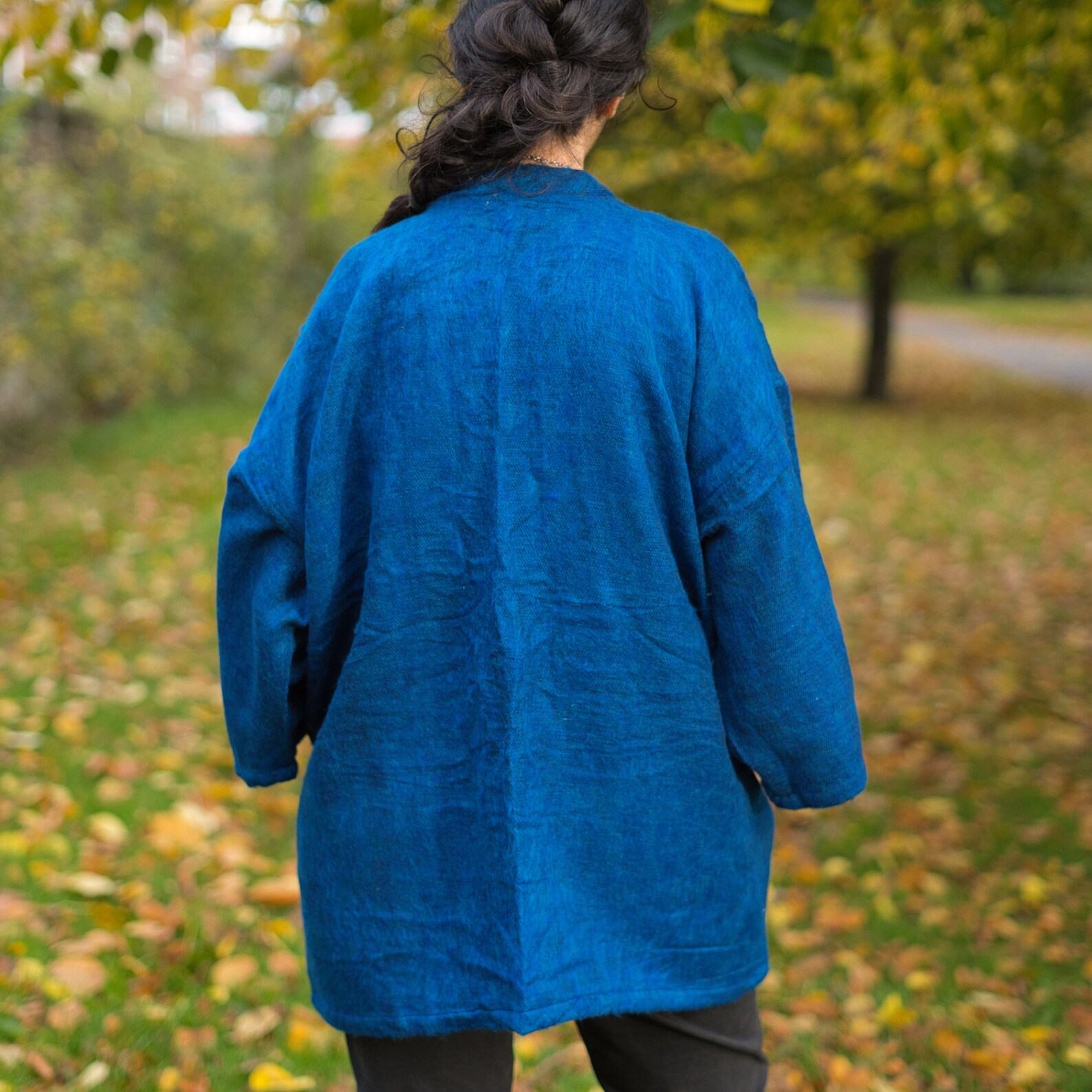 COBALT BLUE Yak Wool Kimono Embrace Warmth and Style in a Unisex Hippie Boho Robe from Nepal