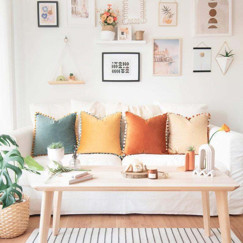 Colibri Set Vibrant Pom Pom Throw Pillow Covers for a Touch of Boho Chic (Orange/Teal)