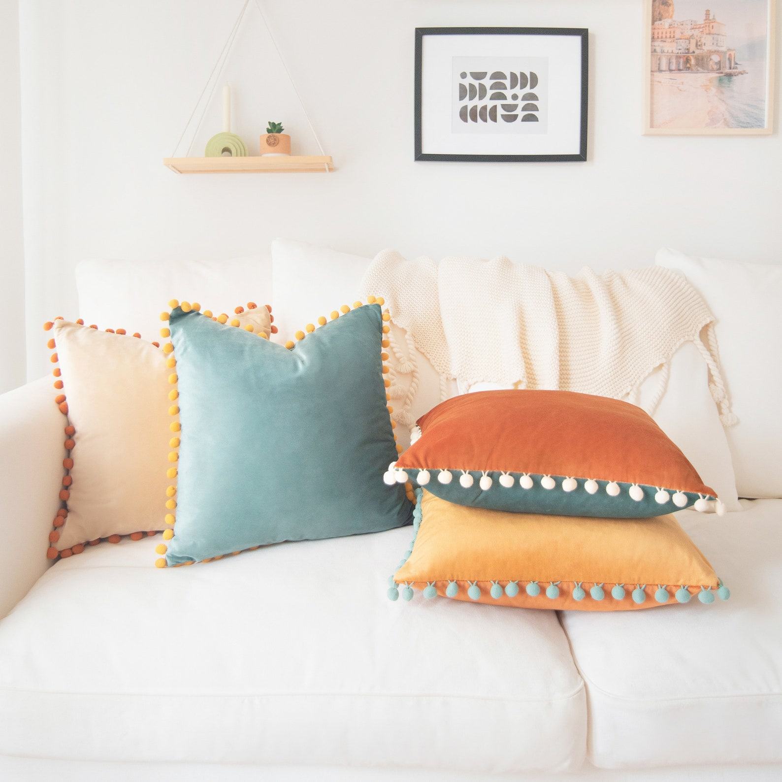 Colibri Set Vibrant Pom Pom Throw Pillow Covers for a Touch of Boho Chic (Orange/Teal)