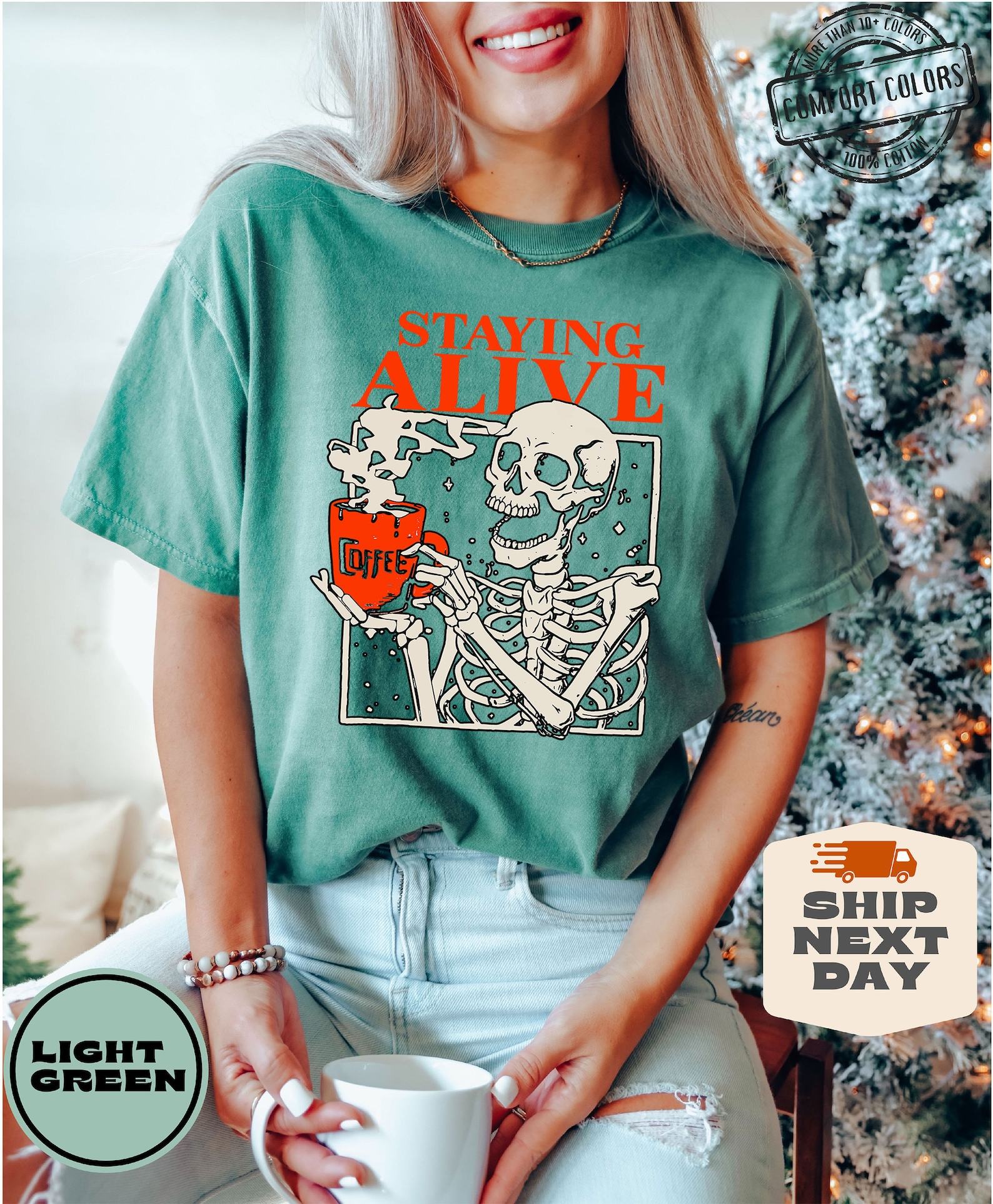 Comfort Colors Staying Alive Coffee T-Shirt A Trendy Item for Coffee Lovers - Image 4