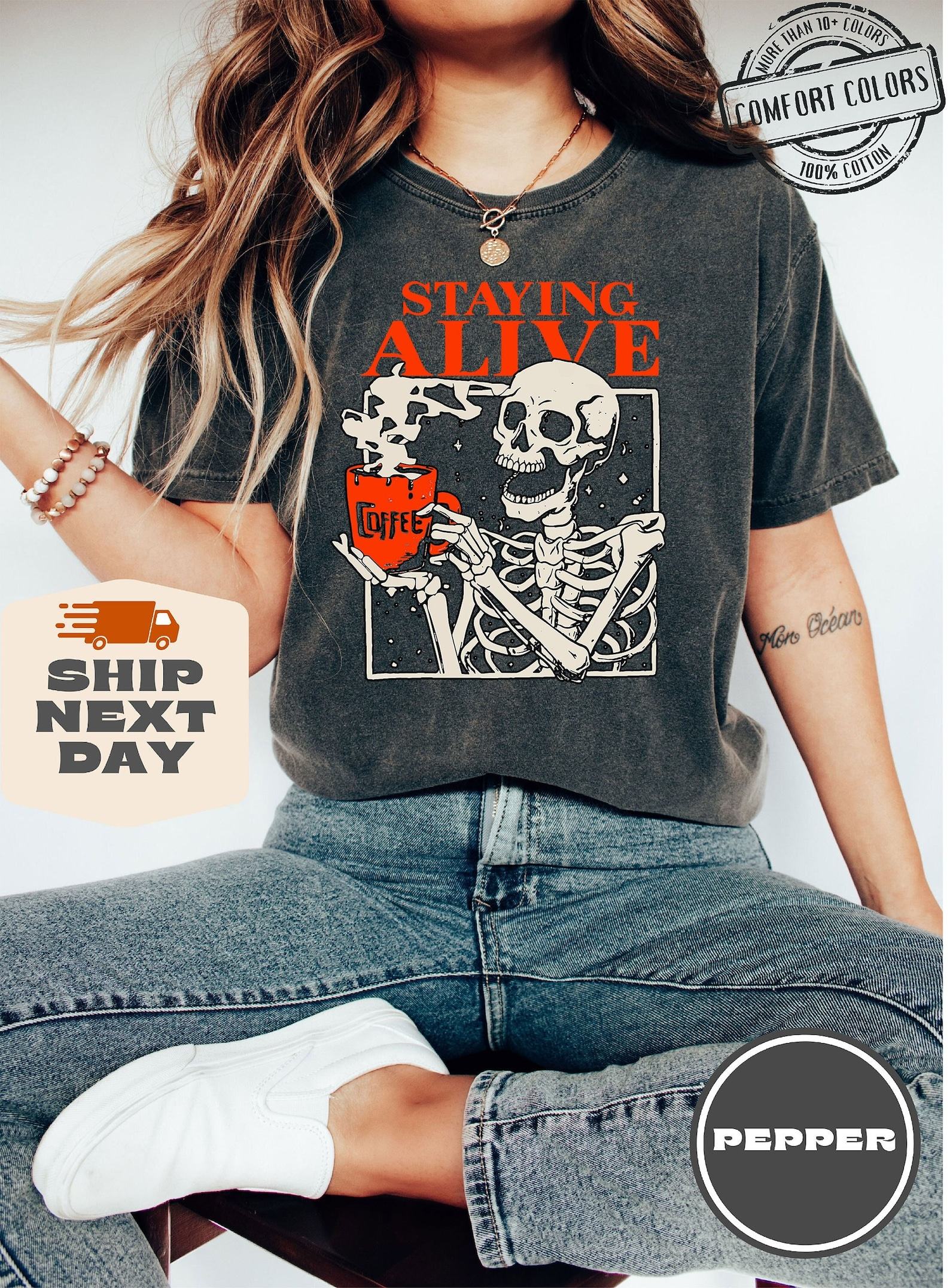 Comfort Colors Staying Alive Coffee T-Shirt A Trendy Item for Coffee Lovers - Image 2