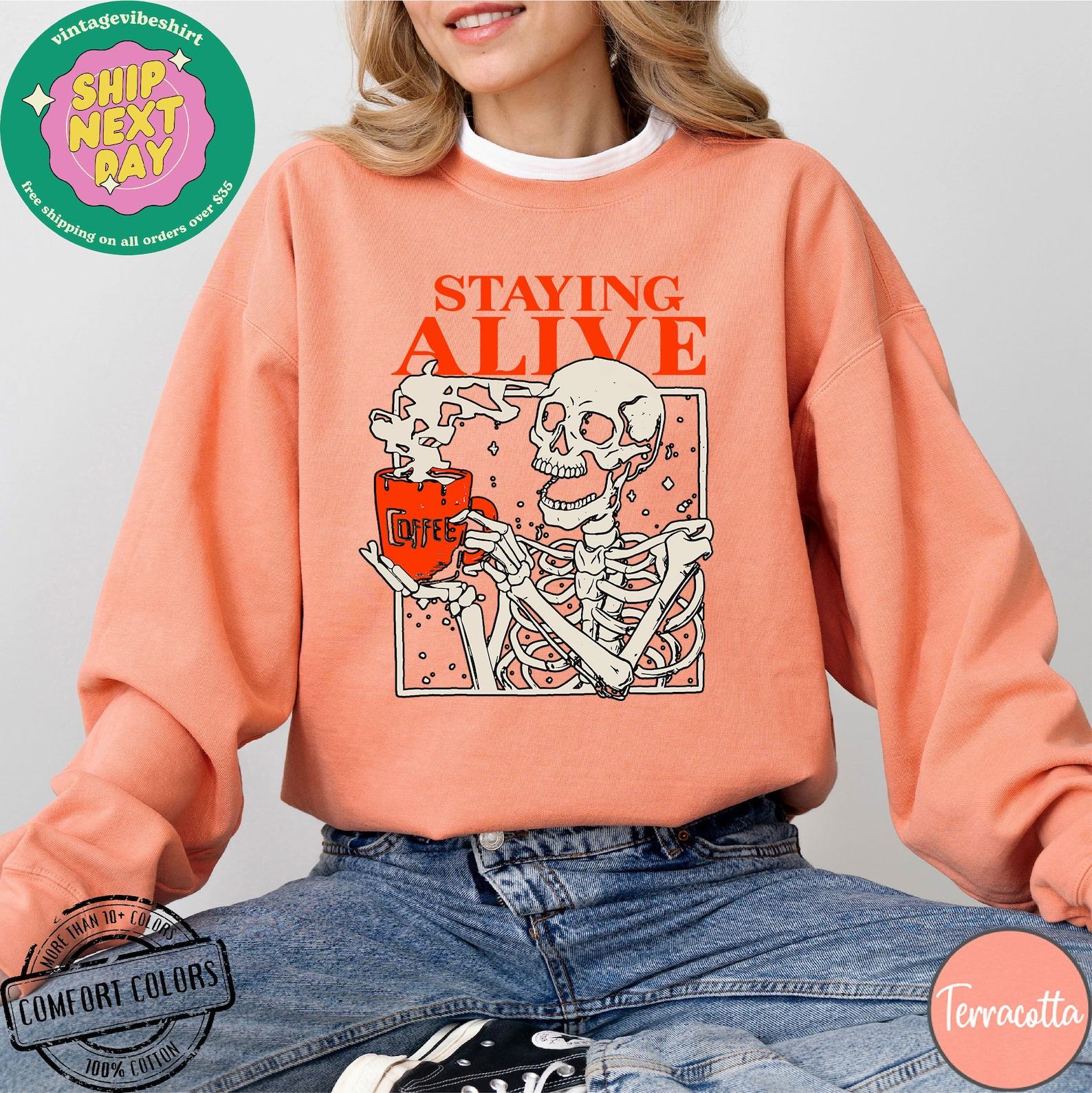 Comfort Colors Staying Alive Coffee T-Shirt A Trendy Item for Coffee Lovers