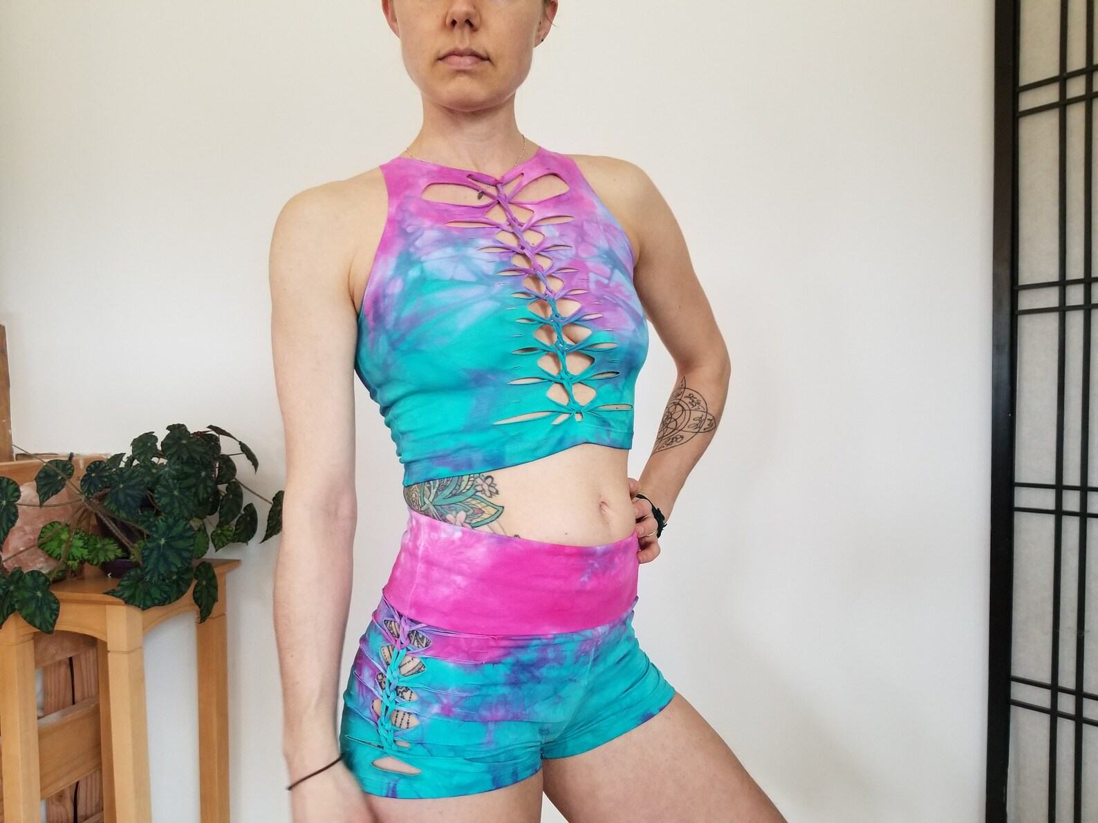 Cotton Candy Crop Top and Hand Dyed Yoga Slit Weave Fire Hula Hoop A Vibrant Fusion of Style and Movement - Image 3