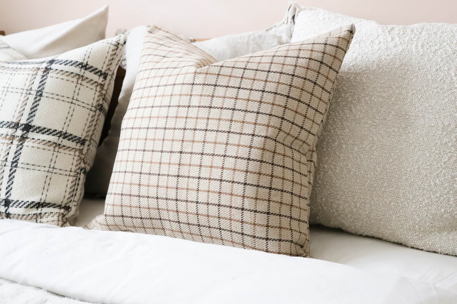 Country Beige Gridded Throw Pillow - Image 2