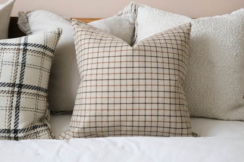 Country Beige Gridded Throw Pillow