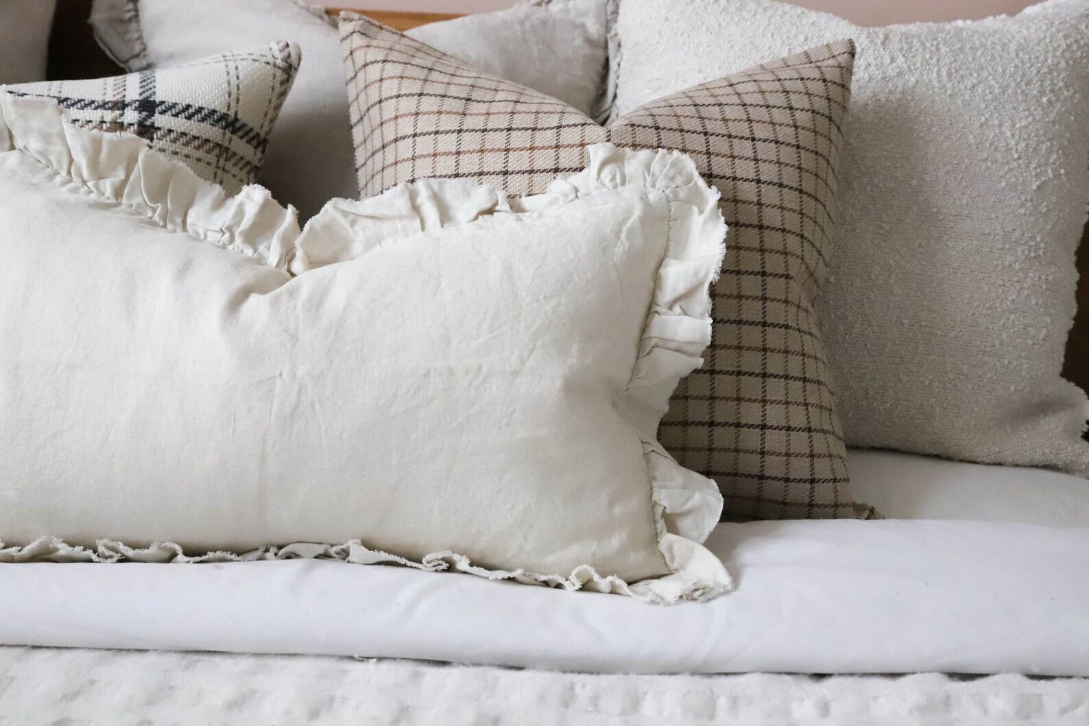 Country Beige Gridded Throw Pillow - Image 3