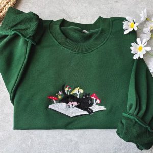Cozy and Enchanting Embroidered Black Cat and Mushroom Sweatshirt for Cat Lovers