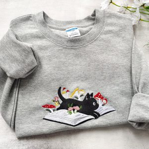 Cozy and Enchanting Embroidered Black Cat and Mushroom Sweatshirt for Cat Lovers