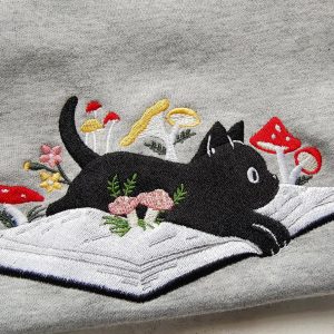 Cozy and Enchanting Embroidered Black Cat and Mushroom Sweatshirt for Cat Lovers