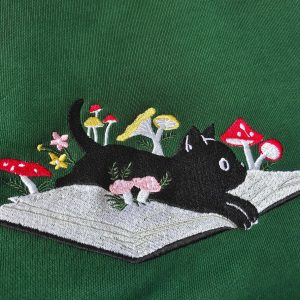 Cozy and Enchanting Embroidered Black Cat and Mushroom Sweatshirt for Cat Lovers