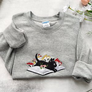 Cozy and Enchanting Embroidered Black Cat and Mushroom Sweatshirt for Cat Lovers