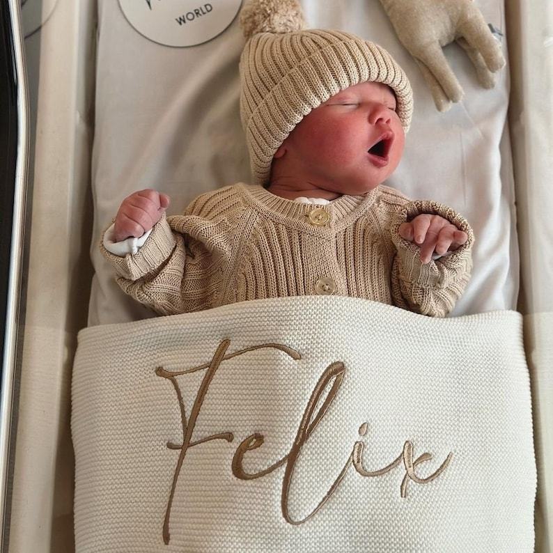 Cozy Comfort for Little Ones Off-White Knitted Baby Blanket with Embroidered Charm