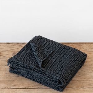 Cozy Haven Dark Gray Linen Throw with Waffle Weave