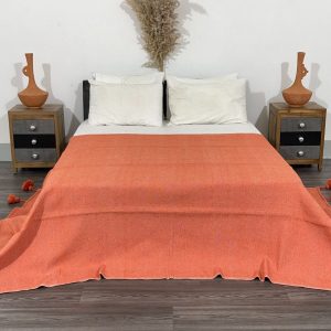 Cozy Haven Handmade Orange King Bedspread, Moroccan Cotton Throw Blanket for Queen Size Beds, Plaid Striped Large Throw, Farmhouse Decor
