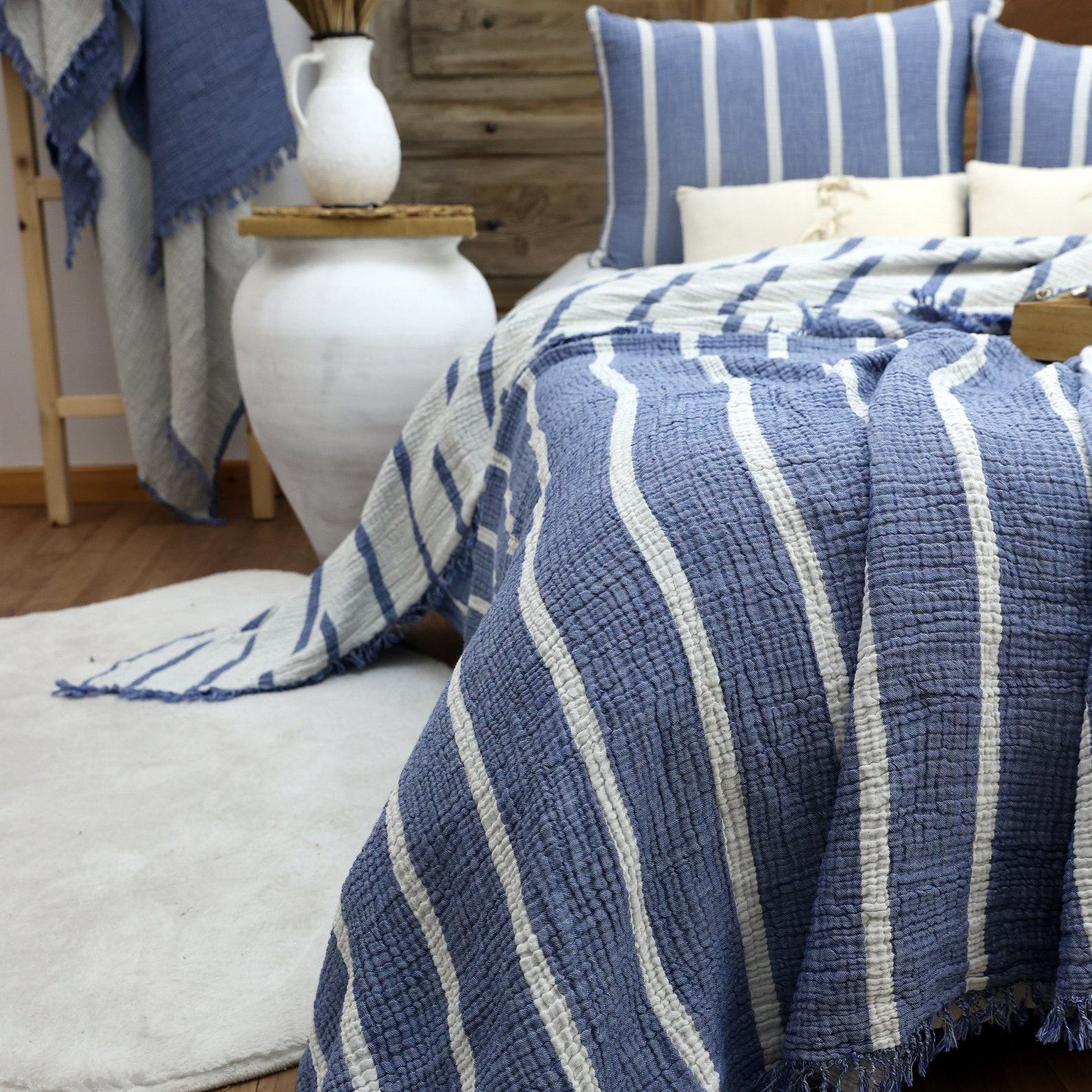 Cozy Haven Muslin Cotton Striped Blanket, Linen Bedding Set for Boho Chic Living