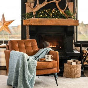 Cozy Haven Waffle-Weave Linen Throw in Serene Dusty Blue