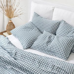 Cozy Linen Pillowcase Elevate Your Farmhouse Bedding with Gray Blue Gingham