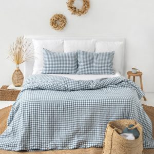 Cozy Linen Pillowcase Elevate Your Farmhouse Bedding with Gray Blue Gingham