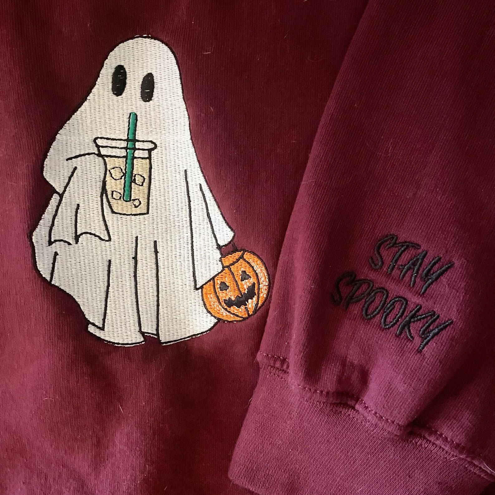 Cozy Up with Our Spooktacular Ghost with Coffee Sweatshirt The Perfect Halloween Treat