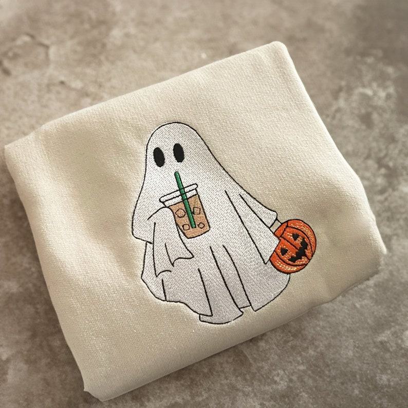 Cozy Up with Our Spooktacular Ghost with Coffee Sweatshirt The Perfect Halloween Treat