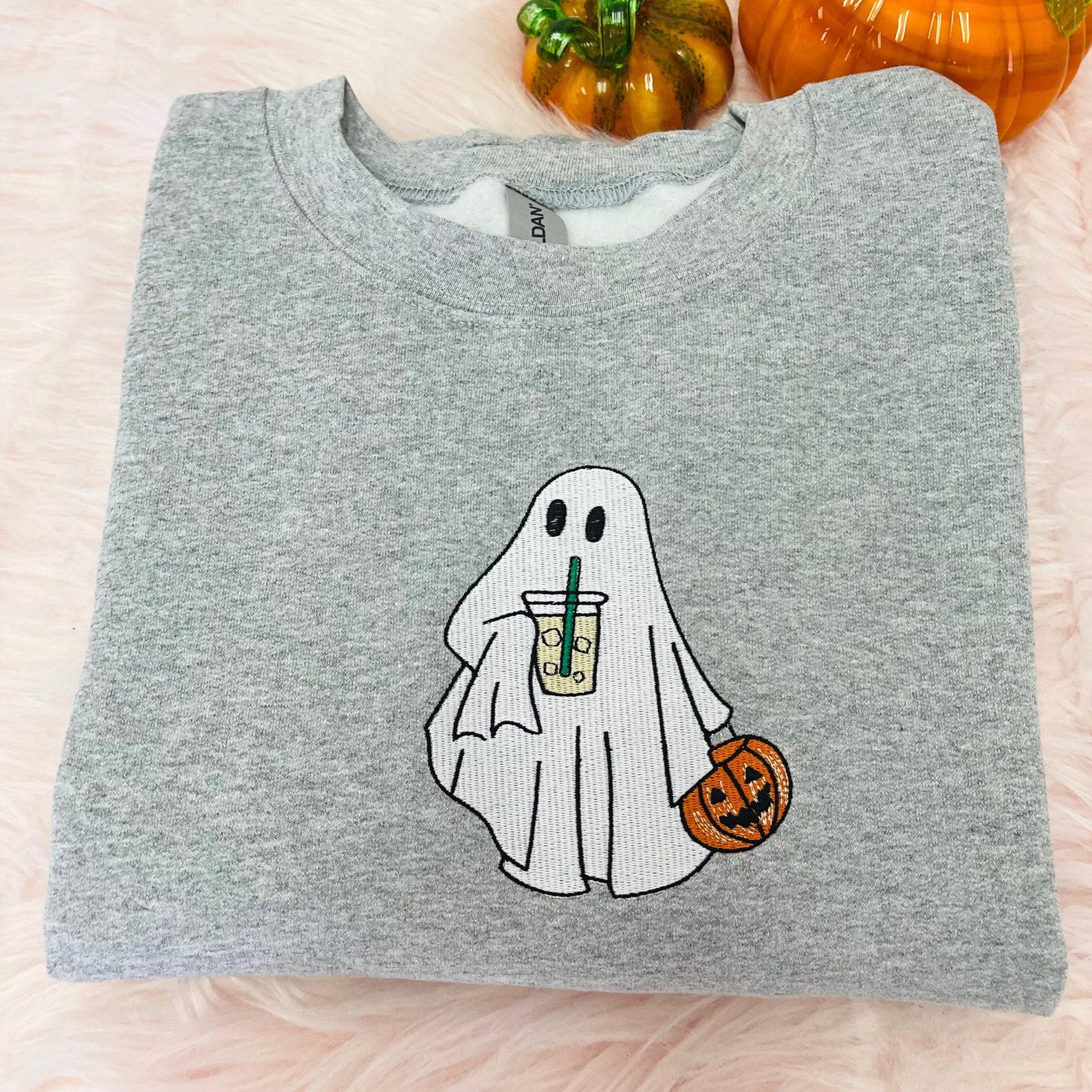 Cozy Up with Our Spooktacular Ghost with Coffee Sweatshirt The Perfect Halloween Treat