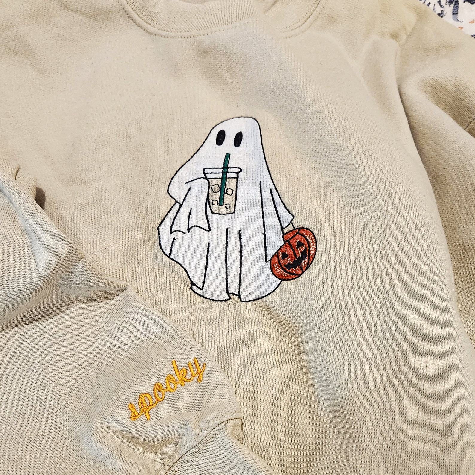 Cozy Up with Our Spooktacular Ghost with Coffee Sweatshirt The Perfect Halloween Treat
