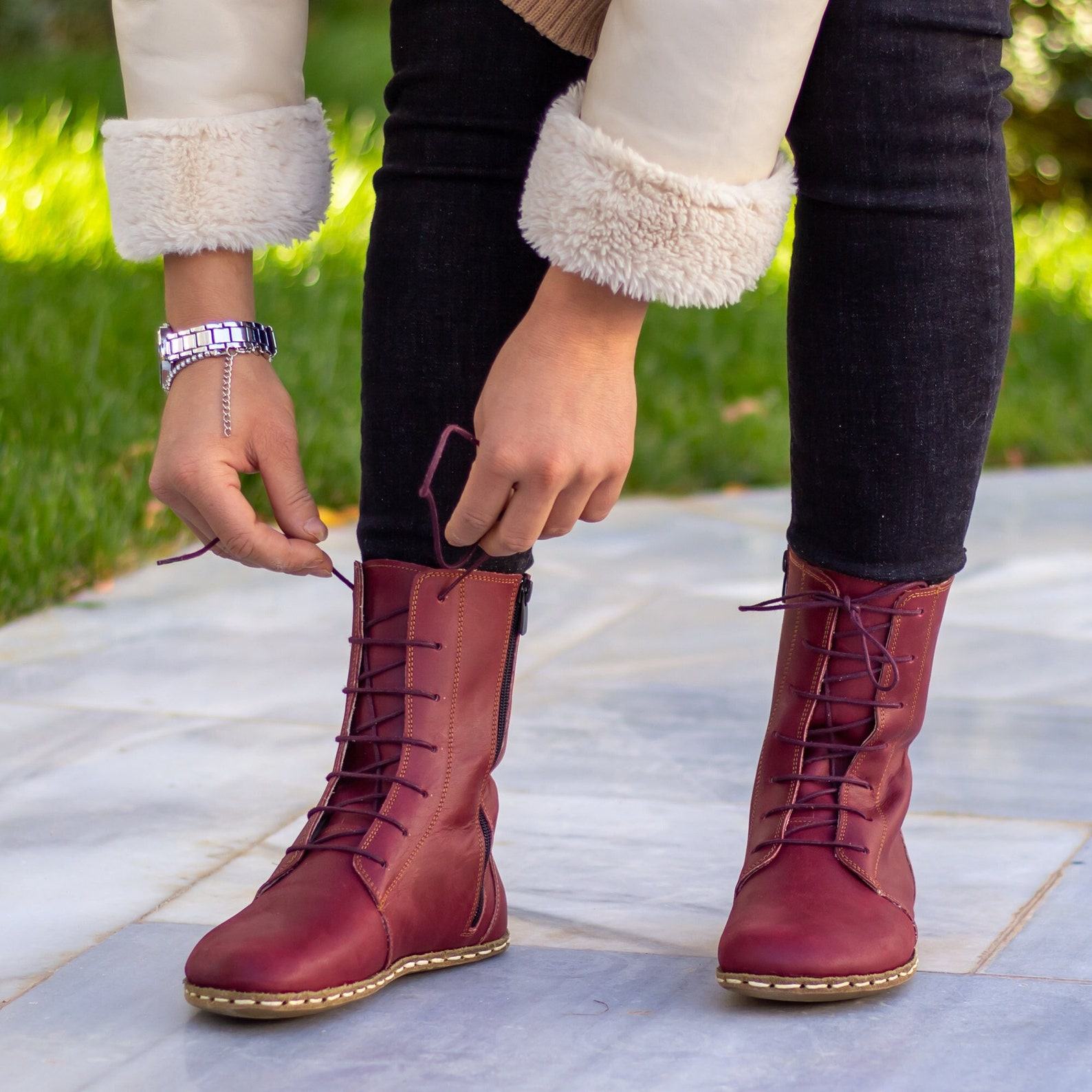 Crazy Burgundy Grounding Boots  Barefoot Leather Earthing Rivet Boots for Women