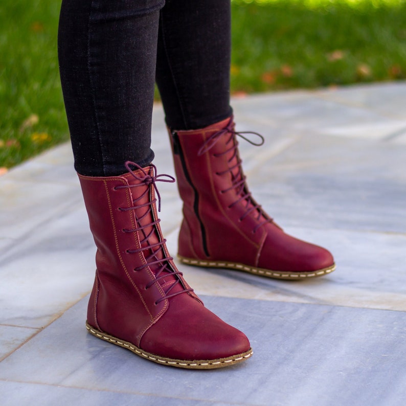 Crazy Burgundy Grounding Boots  Barefoot Leather Earthing Rivet Boots for Women