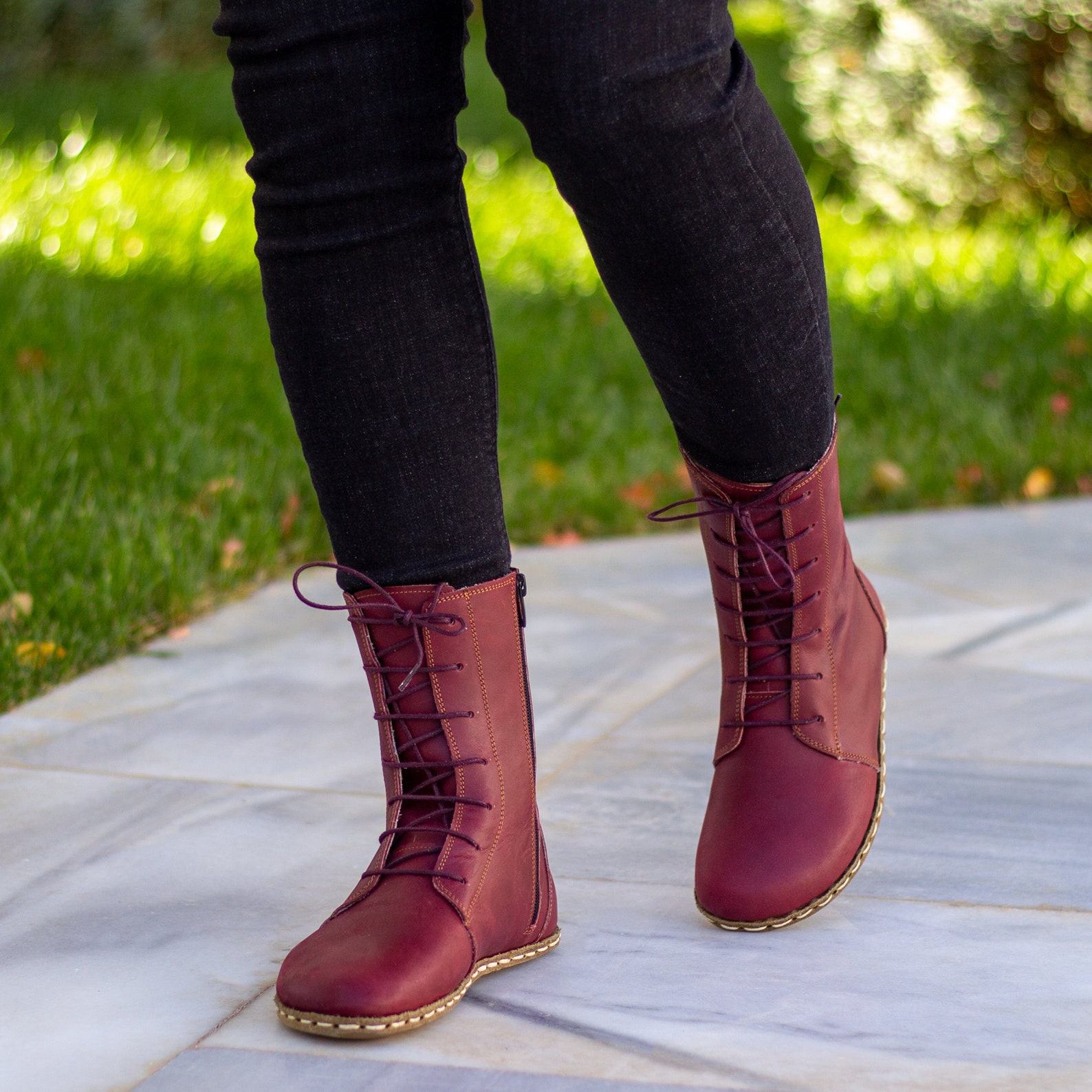 Crazy Burgundy Grounding Boots  Barefoot Leather Earthing Rivet Boots for Women