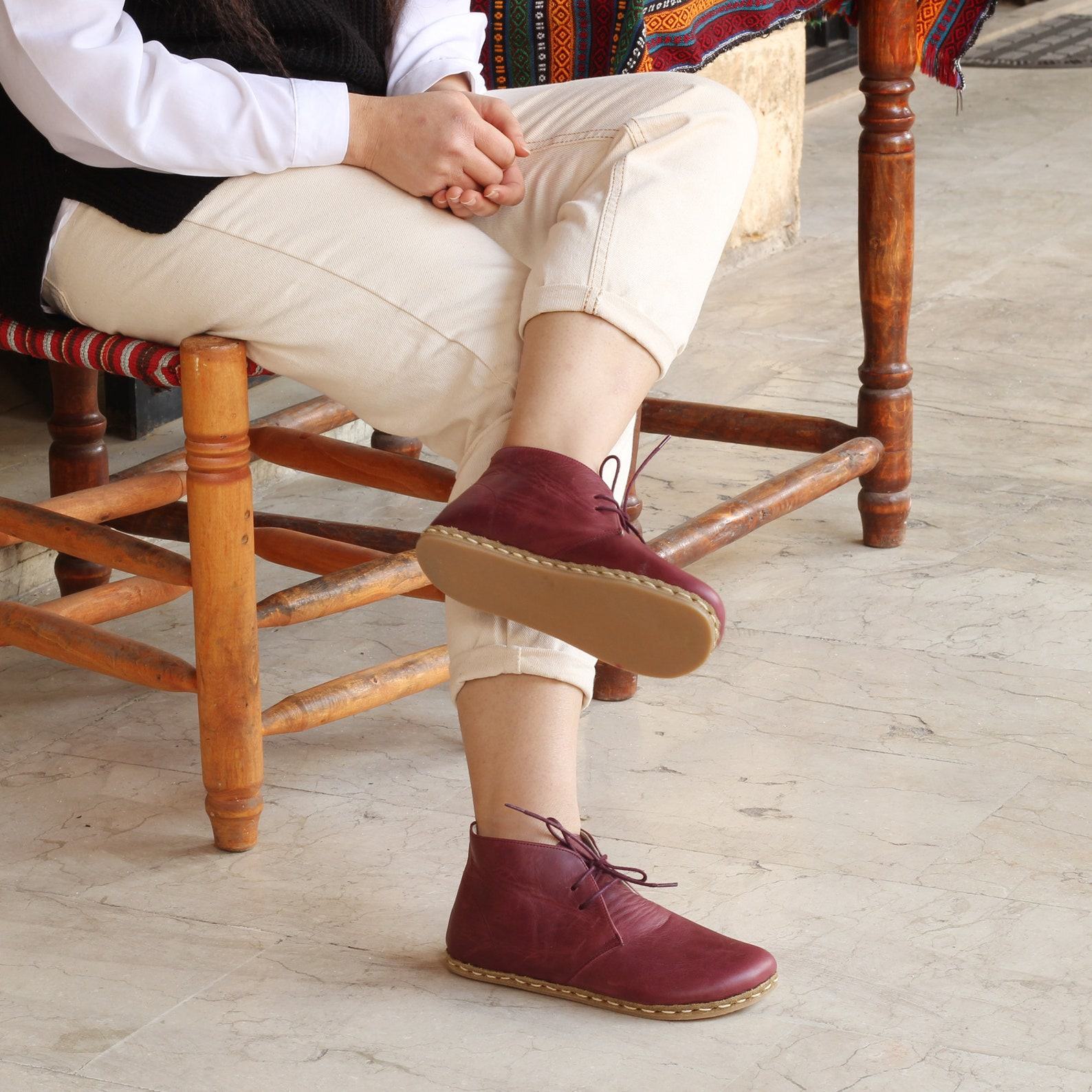 Crazy Burgundy Leather Barefoot Boot Leggings for Women | Wide Toe Box & Grounding