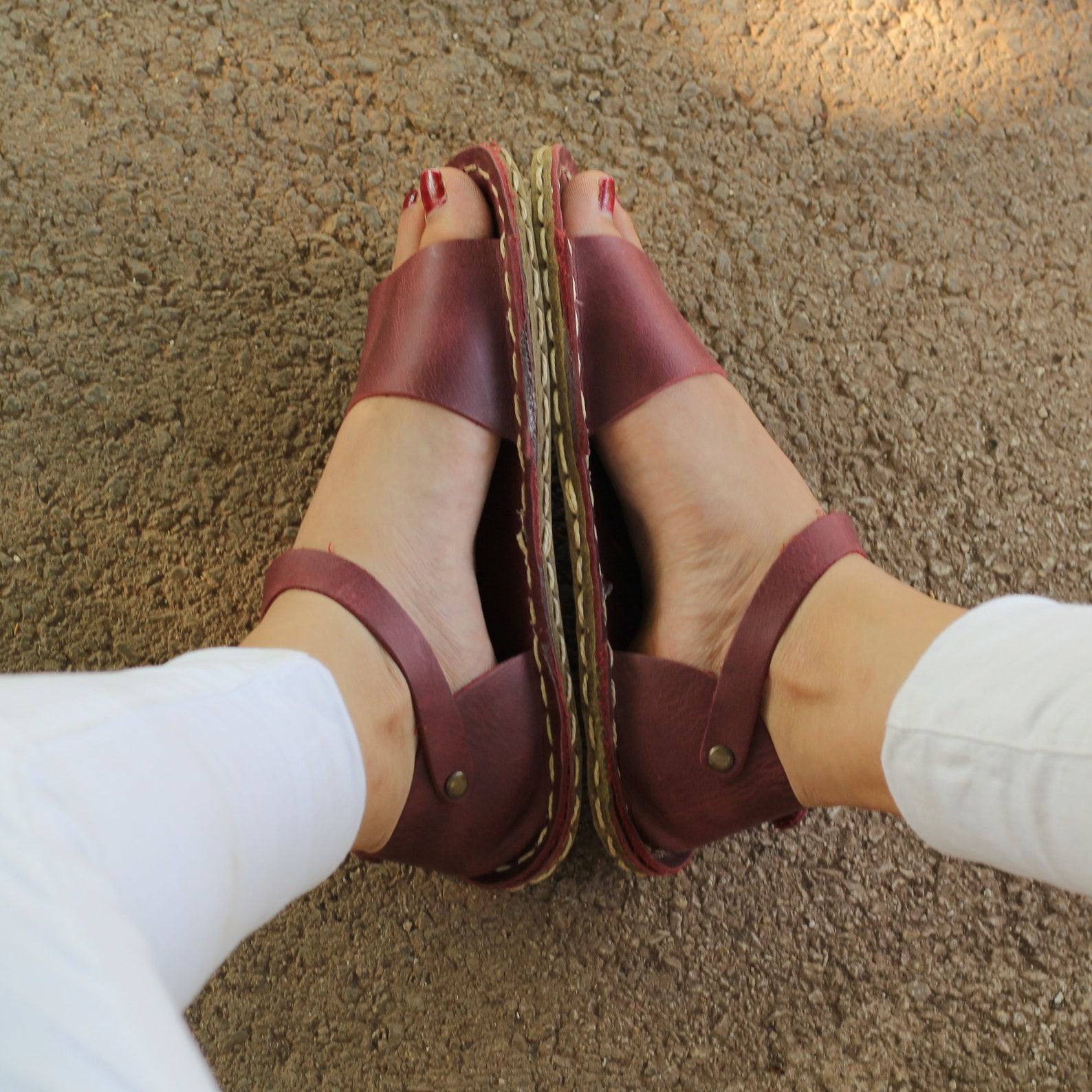 Crazy Burgundy Leather Huarache Sandals – Handmade Open Toe Women’s Barefoot Shoes - Image 4