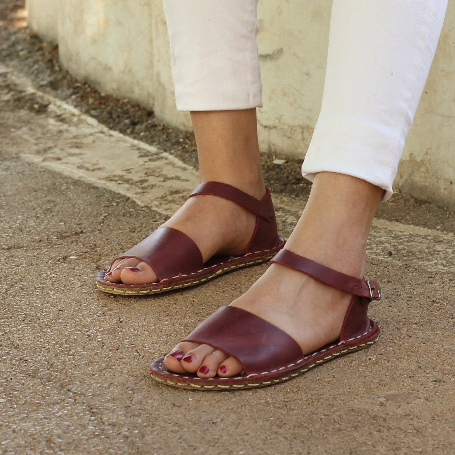 Crazy Burgundy Leather Huarache Sandals – Handmade Open Toe Women’s Barefoot Shoes - Image 5