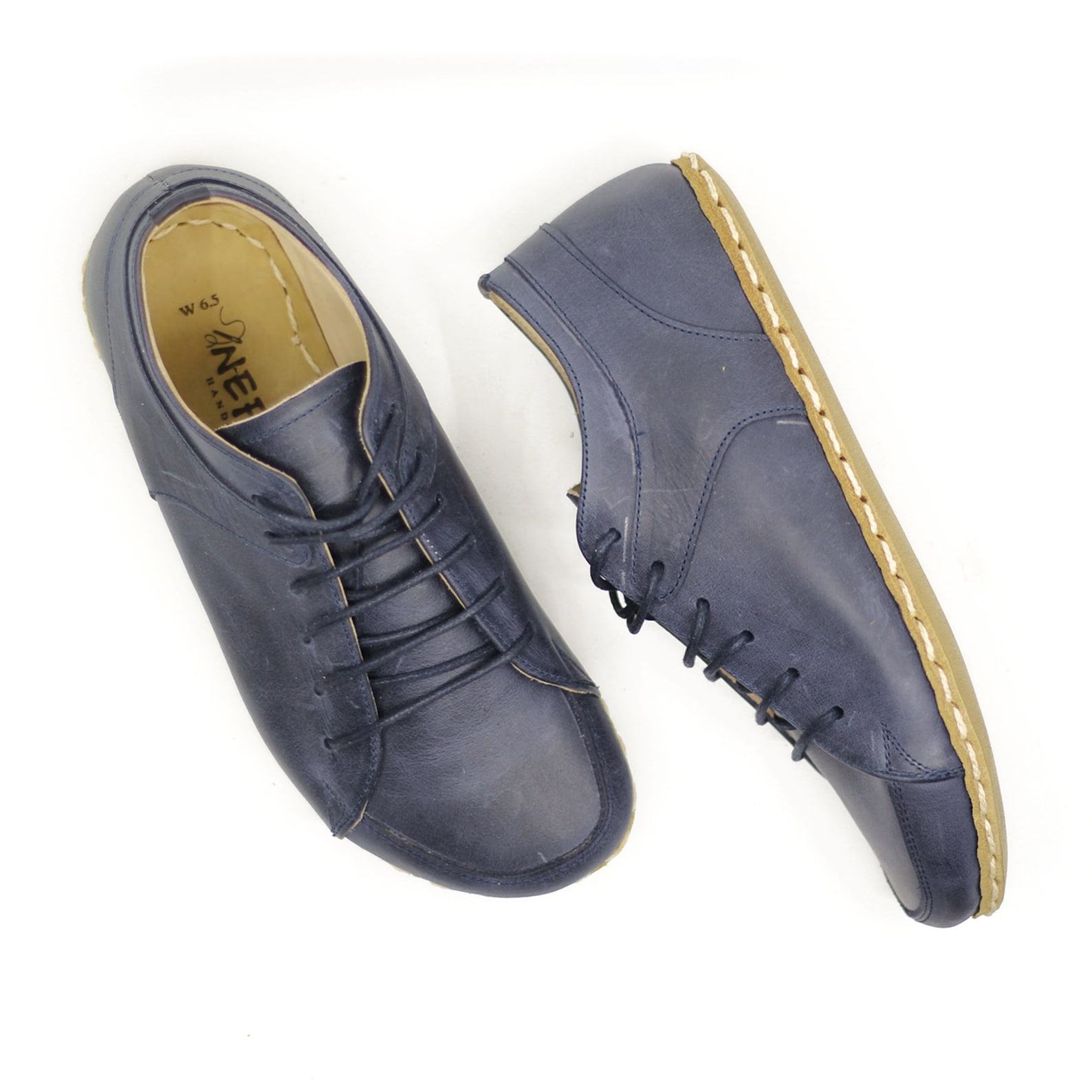 Crazy Navy Blue Leather Barefoot Sneakers – Handmade Women’s Comfort Shoes