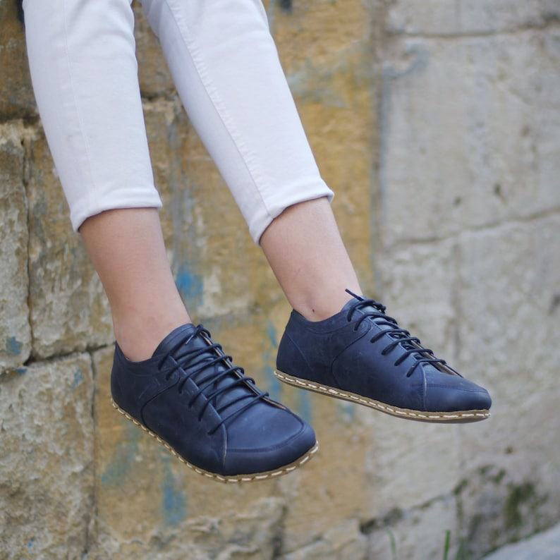 Crazy Navy Blue Leather Barefoot Sneakers – Handmade Women’s Comfort Shoes