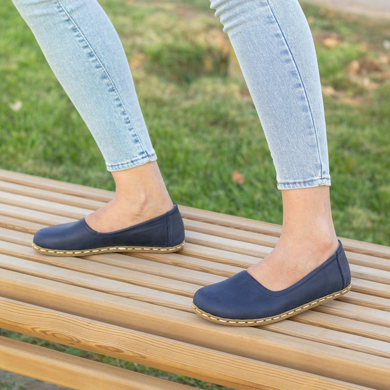 Crazy Navy Blue Leather Grounded Shoes – Women’s Barefoot Earthing Handmade Shoes