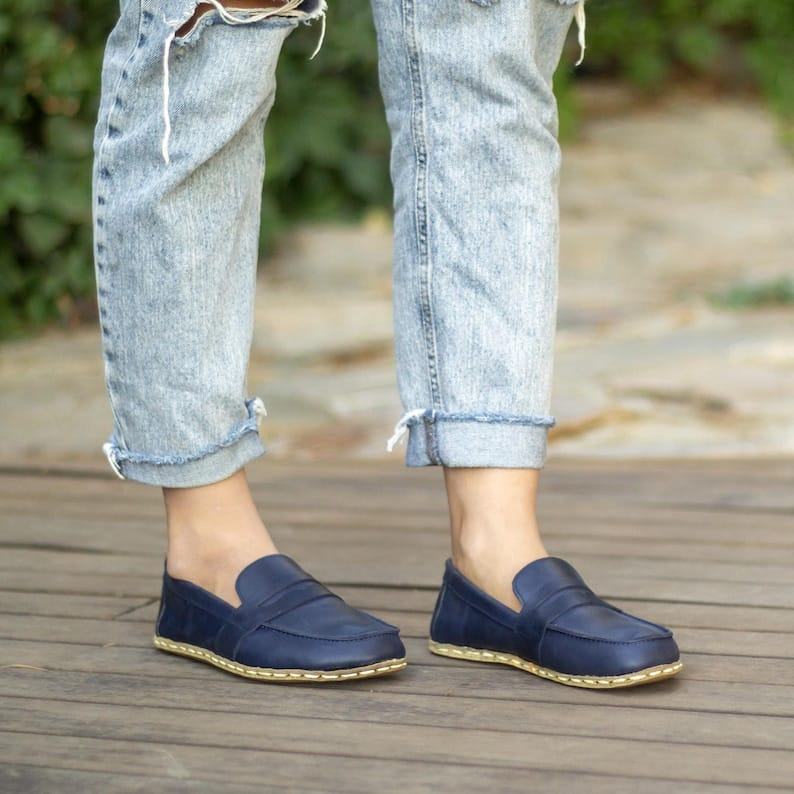 Crazy Navy Blue Leather Grounding Shoes Women – Barefoot Comfort & Earthing