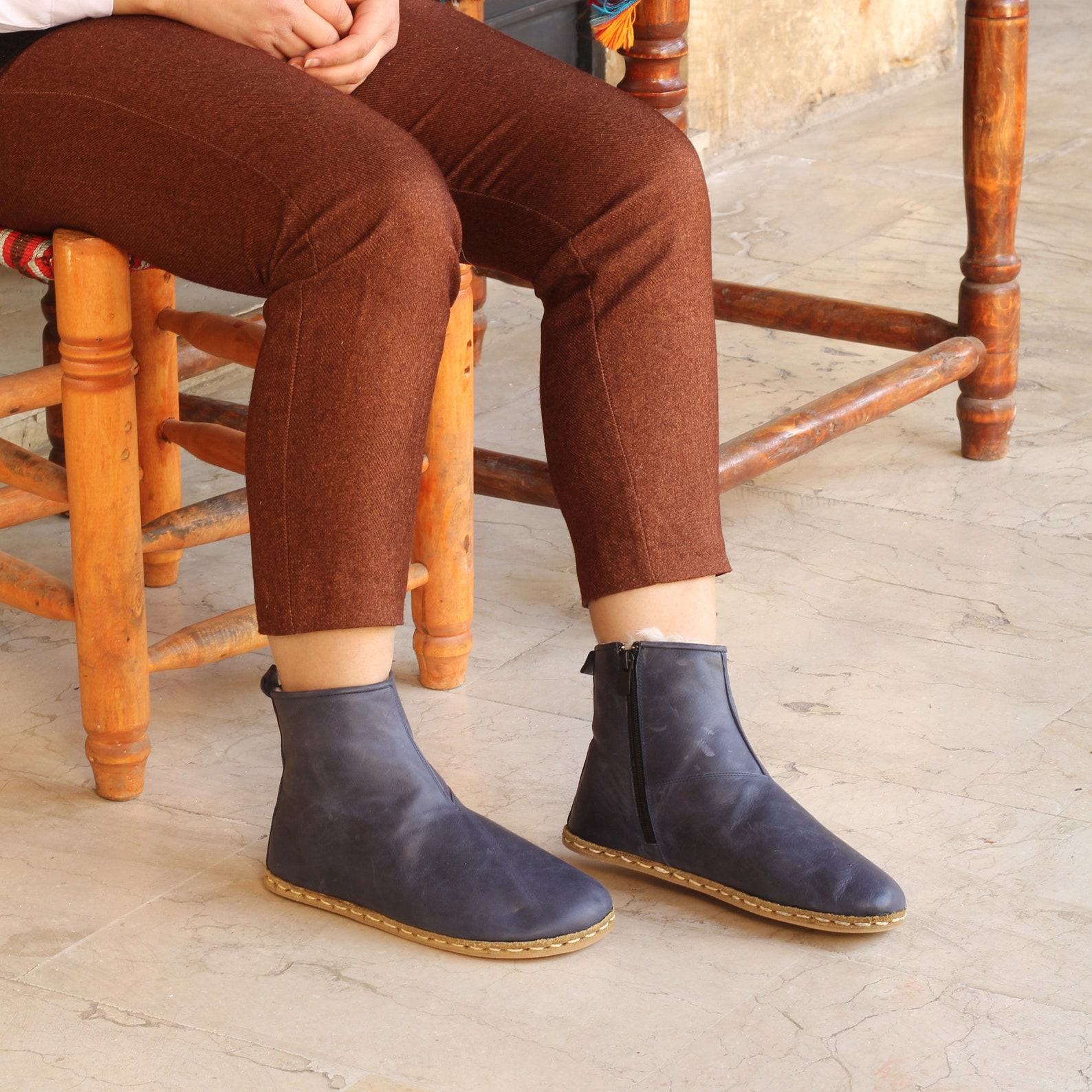 Crazy Navy Blue Shearling Barefoot Boots  Women’s Zero Drop Ankle Booties