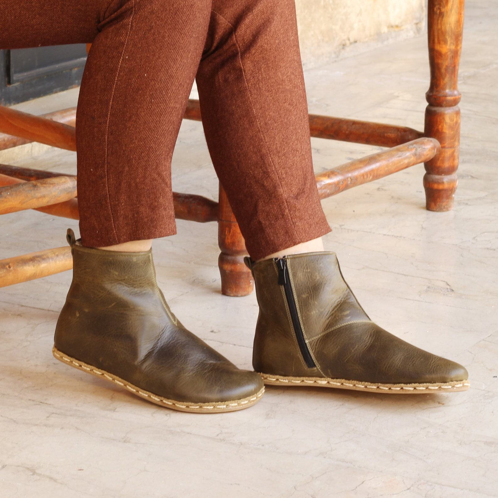 Crazy Olive Green Barefoot Boots Women – Shearling Ankle Grounding Leather Fur Booties