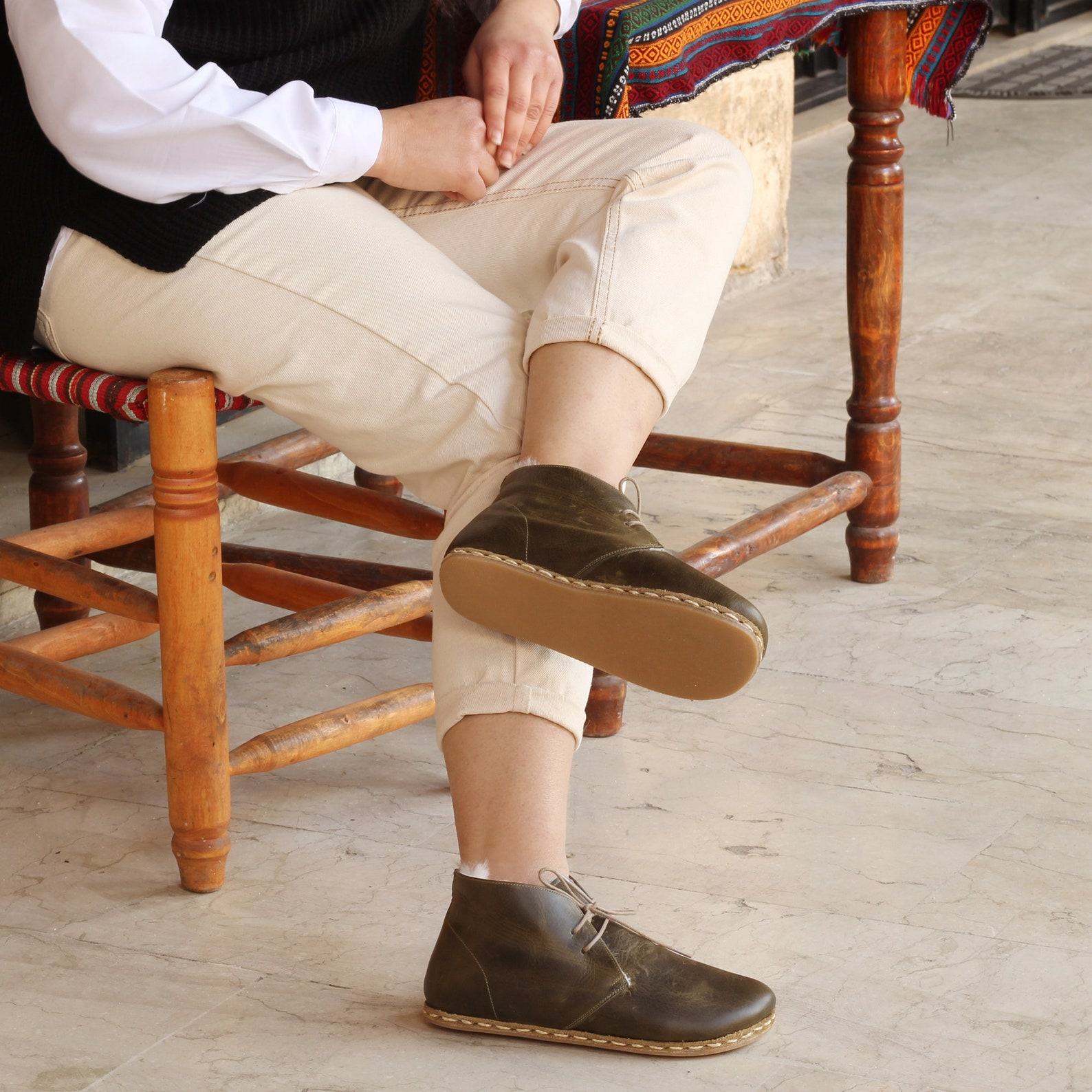 Crazy Olive Green Shearling Barefoot Boots – Zero Drop Oxford Ankle Boots