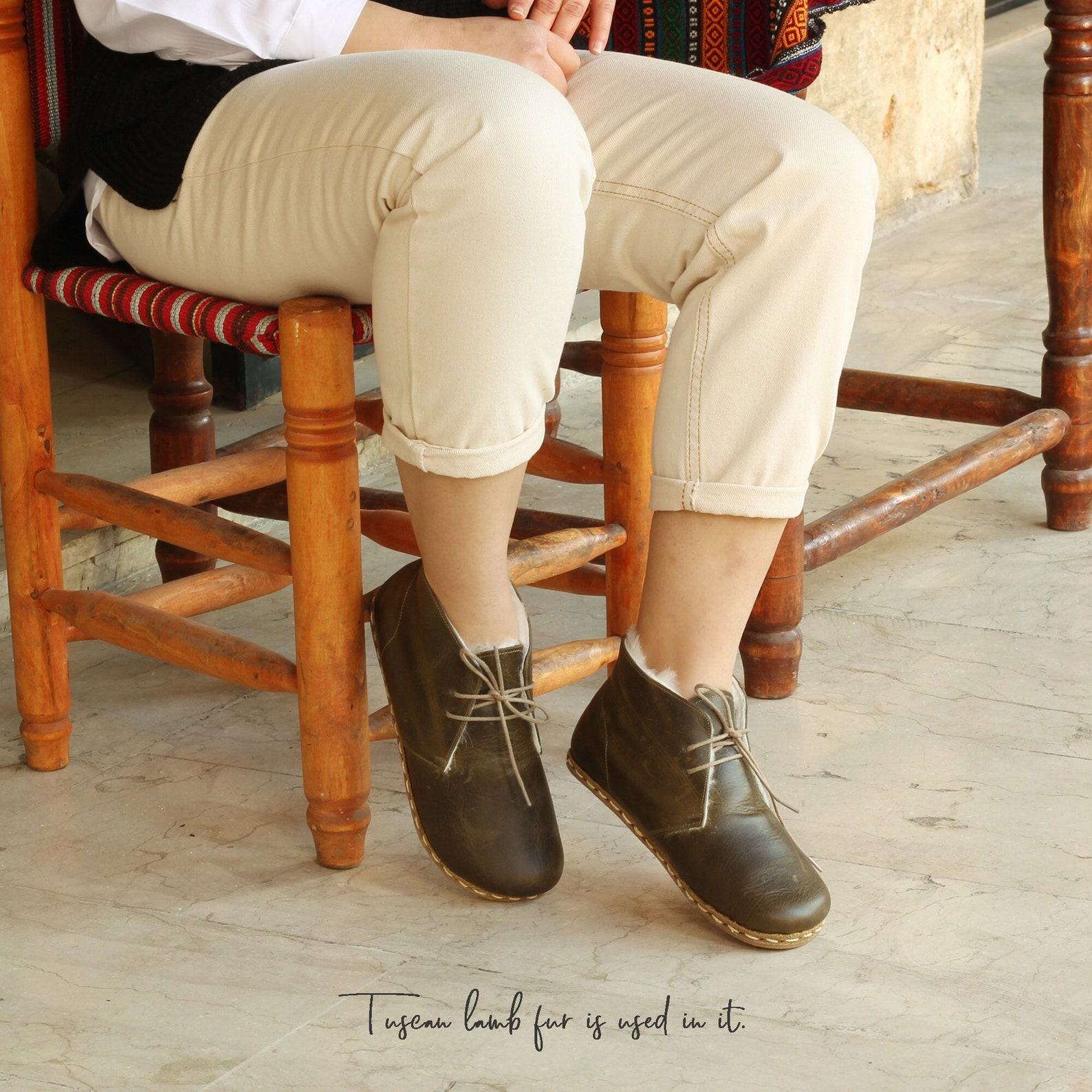 Crazy Olive Green Shearling Barefoot Boots – Zero Drop Oxford Ankle Boots