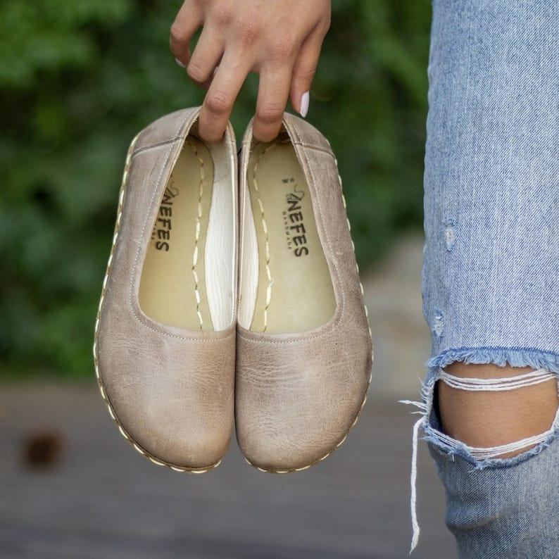 Crazy Vision  Beige Leather Barefoot Loafers – Wide Toe Box, Women’s Earthing Shoes