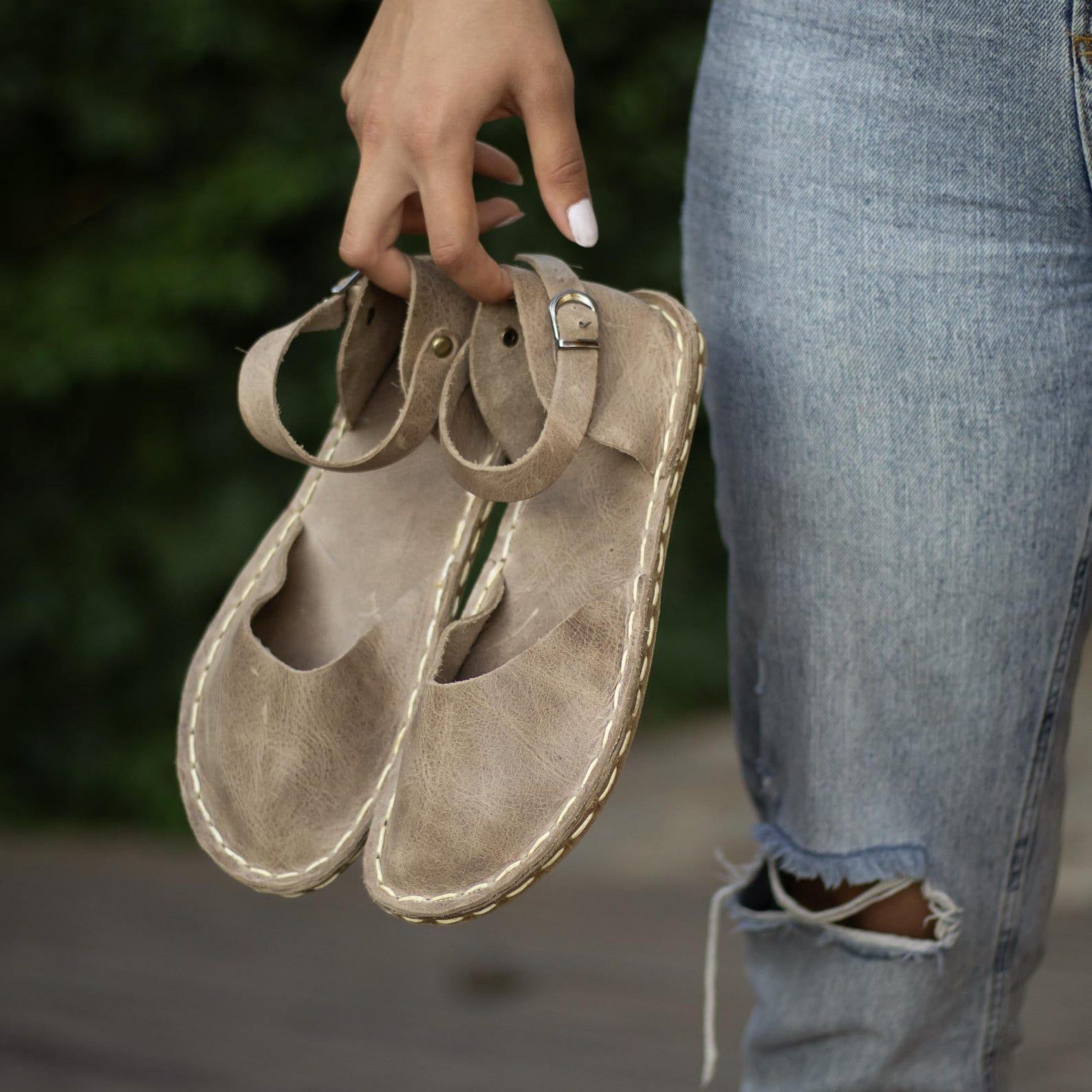 Crazy Vision Women’s Leather Barefoot Sandals  Wide Toe, Zero Drop, Grounding Copper Rivets