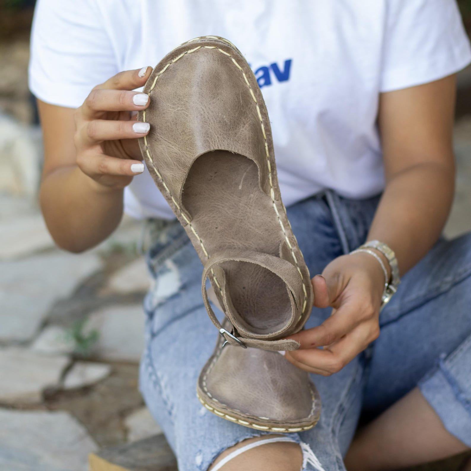 Crazy Vision Women’s Leather Barefoot Sandals  Wide Toe, Zero Drop, Grounding Copper Rivets
