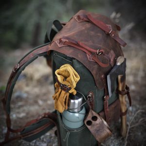 Customizable 50L Green Leather Camping Backpack for Hiking, Bushcraft, and Travel
