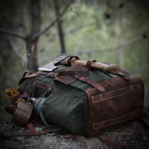 Customizable 50L Green Leather Camping Backpack for Hiking, Bushcraft, and Travel